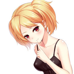 Rule 34 | 1girl, bare shoulders, blonde hair, breasts, camisole, closed mouth, finger to mouth, huyumitsu, index finger raised, kuroe futaba, looking at viewer, medium breasts, short twintails, shushing, simple background, smile, solo, spaghetti strap, twintails, upper body, white background, world trigger