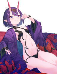 Rule 34 | blush, breasts, fate/grand order, fate (series), highres, horns, japanese clothes, kimono, looking at viewer, navel, open clothes, purple eyes, purple hair, purple kimono, revealing clothes, shuten douji (fate), simple background, skin-covered horns, small breasts, smile
