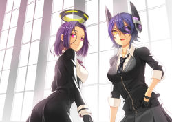Rule 34 | 10s, 2girls, breasts, checkered clothes, checkered necktie, checkered neckwear, deras, eyepatch, gloves, halo, headgear, kantai collection, large breasts, looking at viewer, mechanical halo, multiple girls, necktie, purple eyes, purple hair, short hair, tatsuta (kancolle), tenryuu (kancolle), yellow eyes