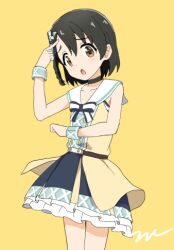 Rule 34 | 1girl, aayh, arm up, bare shoulders, black choker, black hair, blue sky, braid, brown eyes, brown jacket, choker, collarbone, commentary request, frilled skirt, frills, hair between eyes, hair ornament, idolmaster, idolmaster cinderella girls, jacket, looking at viewer, lowres, open clothes, open jacket, open mouth, sasaki chie, signature, simple background, skirt, sky, sleeveless, sleeveless jacket, solo, wrist cuffs, yellow background