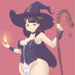 Rule 34 | 1girl, absurdres, bare shoulders, black hair, breasts, cape, choker, cleavage, fire, garret (broadheadarrow), green eyes, hair ornament, highres, kurosuzu mio, long hair, looking at viewer, medium breasts, non-web source, panties, paranormasight: the seven mysteries of honjo, simple background, smile, smug, solo, staff, underwear, white panties, witch
