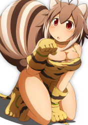 Rule 34 | 1girl, ahoge, animal costume, animal ears, animal hands, animal print, arc system works, blazblue, breasts, brown hair, cham cham, cham cham (cosplay), cleavage, cosplay, gloves, highres, large breasts, makoto nanaya, mirano, paw gloves, paw shoes, red eyes, samurai spirits, shoes, squirrel ears, squirrel tail, tail, tiger paws, tiger print