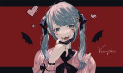 Rule 34 | 1girl, blouse, blue eyes, fangs, frilled shirt, frills, hatsune miku, heart, letterboxed, long hair, looking at viewer, mask, open mouth, p (pkochan), piercing, pink shirt, red background, shirt, solo, song name, tattoo, twintails, vampire (vocaloid), vocaloid, watch