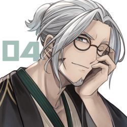 Rule 34 | 1boy, arurandeisu, facial hair, glasses, goatee, grey hair, hand on own face, holostars, looking at viewer, mabukaaaa, male focus, one eye closed, portrait, simple background, smile, solo, virtual youtuber, white background