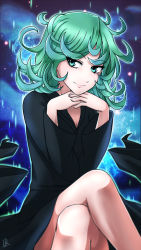 Rule 34 | 1girl, bad id, bad pixiv id, black dress, curly hair, dress, glowing, green eyes, green hair, head rest, crossed legs, lindaroze, matching hair/eyes, one-punch man, own hands together, short hair, sitting, smile, solo, tatsumaki