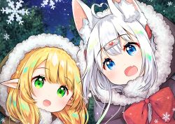 Rule 34 | 2girls, :d, ahoge, animal ear fluff, animal ears, blonde hair, blue eyes, bow, brown capelet, capelet, commentary request, fang, fur-trimmed capelet, fur-trimmed hood, fur trim, green eyes, hair between eyes, hair bow, hair ornament, heart, heart-shaped pupils, heart ahoge, hood, hood up, hooded capelet, indie virtual youtuber, long hair, looking at viewer, multiple girls, night, night sky, open mouth, original, outdoors, pointy ears, red bow, sawa (sawasaku), silver hair, sky, smile, snowflakes, star (sky), starry sky, symbol-shaped pupils, upper body, virtual youtuber