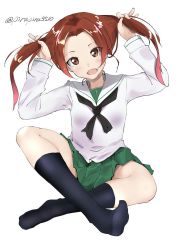 Rule 34 | 10s, 1girl, adjusting hair, black neckerchief, black socks, blouse, brown eyes, brown hair, commentary request, full body, girls und panzer, green skirt, head tilt, highres, indian style, kadotani anzu, long hair, long sleeves, looking at viewer, miniskirt, neckerchief, no shoes, one-hour drawing challenge, ooarai school uniform, open mouth, parted bangs, pirapirapirapira, pleated skirt, school uniform, serafuku, shirt, simple background, sitting, skirt, smile, socks, solo, twintails, twitter, white background, white shirt