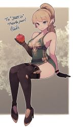 Rule 34 | 1girl, apple, asymmetrical gloves, black gloves, blonde hair, blue eyes, blush, boots, braid, brown footwear, closed mouth, commission, dungeons &amp; dragons, earrings, food, food bite, fruit, full body, gloves, hand up, high heel boots, high heels, highres, holding, holding food, holding fruit, invisible chair, jewelry, lamb-oic029, looking at viewer, original, pointy ears, ponytail, red apple, signature, sitting, skeb commission, smile, solo, thigh boots