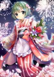 Rule 34 | 1girl, absurdres, apron, ayakashi onmyouroku, bamboo, berry, blue eyes, blush, bob cut, branch, cherry blossoms, coat, evollis, fireworks, floral print, flower, frilled apron, frills, green hair, hair flower, hair ornament, hair ribbon, hairband, highres, holding, holding flower, japanese clothes, kadomatsu (ayakashi), kimono, lace, lace-trimmed sleeves, lace trim, leaf, long sleeves, night, night sky, no nose, obi, orange ribbon, outdoors, petals, pink flower, pink rose, red ribbon, ribbon, rose, sash, short hair, sky, smile, solo, star (sky), striped