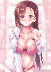 Rule 34 | 1girl, ayannon yumme, black bow, bow, bow bra, bow panties, bra, brown hair, closed mouth, clothes lift, cowboy shot, embarrassed, female focus, hair ornament, hand up, highres, hino hitomi, long hair, long sleeves, looking at viewer, murenase! shiiton gakuen, open clothes, open shirt, panties, pink bra, pink hair, pink panties, shirt, shirt lift, solo, underwear, wavy mouth, white shirt, wide hips