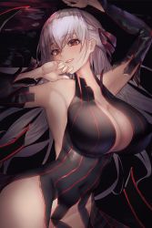 Rule 34 | 1girl, armpits, arms up, blush, breasts, cleavage, covered navel, dark persona, dark sakura, detached sleeves, dress, fate/stay night, fate (series), groin, hair ribbon, heaven&#039;s feel, large breasts, long hair, looking at viewer, matou sakura, plaster2501, purple eyes, red eyes, red ribbon, ribbon, sidelocks, smile, solo, striped, thighs, white hair