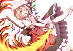 Rule 34 | 1girl, absurdres, alternate costume, ascot, belt, blonde hair, boots, bow, brown belt, brown bow, buttons, collar, collared shirt, crystal, dress, eyes visible through hair, fire, flandre scarlet, flying, gem, hair between eyes, hat, hat ribbon, highres, jewelry, looking at viewer, messiah &amp; crea, mob cap, multicolored wings, one side up, open mouth, pink dress, pink footwear, puffy short sleeves, puffy sleeves, red dress, red eyes, red ribbon, ribbon, shirt, short hair, short sleeves, smile, solo, sword, touhou, weapon, white hat, white shirt, wings, wrist cuffs, yellow ascot, yellow bow