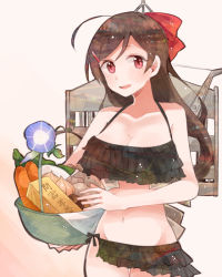 Rule 34 | 10s, 1girl, ahoge, bare shoulders, bikini, black bikini, bow, breasts, brown hair, carrot, collarbone, flower, food, frilled bikini, frills, groin, hair ornament, hair ribbon, hairclip, itomugi-kun, kantai collection, large breasts, long hair, looking at viewer, machinery, mamiya (kancolle), navel, onion, open mouth, potato, red eyes, red ribbon, ribbon, round teeth, side-tie bikini bottom, simple background, smile, solo, swimsuit, teeth, text focus, translation request