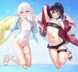 Rule 34 | 2girls, :d, ankle ribbon, bare shoulders, bikini, black bikini, blouse, blue hair, blue jacket, blue sky, blush, breasts, bridal garter, casual one-piece swimsuit, collarbone, covered navel, day, frilled bikini, frills, full body, gluteal fold, groin, hair ornament, hairclip, highres, holding, horizon, ichigo-chan (mignon), innertube, jacket, jumping, leg ribbon, long hair, long sleeves, looking at viewer, mignon, multiple girls, nail polish, navel, ocean, off shoulder, one-piece swimsuit, open clothes, open jacket, open mouth, open shirt, original, outdoors, parted lips, pink nails, purple eyes, red eyes, red jacket, ribbon, sandals, scrunchie, shiro-chan (mignon), shirt, silver hair, skindentation, sky, small breasts, smile, sparkle, stomach, strapless, strapless bikini, swim ring, swimsuit, thigh gap, thigh strap, toenail polish, toenails, triangle mouth, water, water drop, white one-piece swimsuit, white ribbon, wrist scrunchie, yellow nails