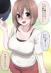 Rule 34 | 1girl, baseball cap, breasts, brown hair, cleavage, day, hair between eyes, hat, highres, holding, holding clothes, holding hat, ikari manatsu, kamihira mao, large breasts, looking at viewer, medium hair, open mouth, original, outdoors, purple eyes, red shorts, shirt, shorts, smile, solo, speech bubble, sportswear, translation request, white shirt