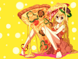 Rule 34 | 1girl, anklet, bad id, bad pixiv id, barefoot, bell pepper, bell pepper slice, blonde hair, breasts, cheese, cleavage, dress, dripping, feet, food, food-themed clothes, food as clothes, food on head, in food, jewelry, long hair, medium breasts, messy, mini person, minigirl, mizuto umi (blue monday), object on head, original, pepper, pepperoni, pizza, pizza slice, sitting, sliced bell pepper, solo, strapless, strapless dress, tomato, wallpaper, yellow eyes