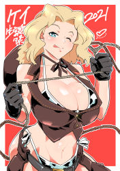Rule 34 | 1girl, :p, absurdres, alternate costume, animal print, belt, bikini, birthday, black belt, black gloves, black hat, black vest, blonde hair, blue eyes, breasts, character name, cleavage, closed mouth, commentary request, cow print, cow print bikini, dated, girls und panzer, gloves, hair intakes, hat, heart, highleg, highleg bikini, highres, holding, holding rope, holster, huge breasts, kay (girls und panzer), light blush, long hair, looking at viewer, navel, one eye closed, outline, partial commentary, print bikini, red background, rope, shinkuukan (tetsuo3), side-tie bikini bottom, simple background, smile, solo, spoken heart, standing, swimsuit, tongue, tongue out, translated, vest, white bikini, white outline
