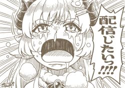 Rule 34 | 1girl, buru-dai, commentary request, crying, emphasis lines, frown, hair ornament, hairclip, hololive, horns, monochrome, open mouth, portrait, sheep girl, sheep horns, signature, snot, solo, streaming tears, tears, translation request, tsunomaki watame, tsunomaki watame (1st costume), virtual youtuber