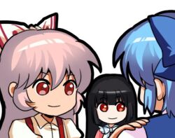 Rule 34 | 3girls, black hair, blue dress, blue hair, bow, bowtie, cirno, dress, fujiwara no mokou, hair bow, hand on another&#039;s shoulder, houraisan kaguya, jokanhiyou, looking at another, lowres, multiple girls, pink dress, red eyes, shirt, simple background, smile, suspenders, touhou, white background, white hair, white shirt