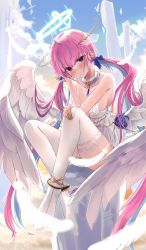 Rule 34 | 1girl, absurdres, ahoge, angel wings, blue hair, blue ribbon, blunt bangs, blush, boots, braid, breasts, choker, colored inner hair, commentary request, daran9, dress, feathers, frilled dress, frills, full body, hair ribbon, halo, hand in own hair, hand on own knee, highres, hololive, long hair, looking at viewer, minato aqua, multicolored hair, open mouth, pink hair, purple eyes, purple hair, ribbon, solo, streaked hair, thigh boots, thighhighs, twintails, two-tone hair, virtual youtuber, white dress, white footwear, white thighhighs, wings