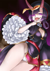 Rule 34 | 1girl, black dress, black hat, braid, braided hair rings, breasts, china dress, chinese clothes, cleavage cutout, clothing cutout, dress, eyeliner, fate/grand order, fate (series), fingernails, frills, glowing, glowing eyes, hair rings, hat, horns, jiangshi, long sleeves, looking at viewer, makeup, nail polish, ofuda, oni, open mouth, panties, peacock feathers, pelvic curtain, pointy ears, purple eyes, purple hair, qingdai guanmao, senbon tsuki, sharp fingernails, short hair, shuten douji (fate), shuten douji (festival outfit) (fate), skin-covered horns, small breasts, smile, solo, talisman, thighs, tongue, tongue out, twin braids, underwear, white panties, wide sleeves