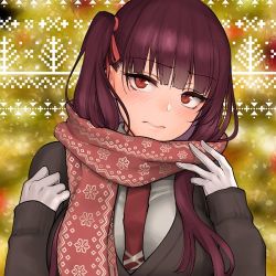 Rule 34 | 1girl, between breasts, blush, breasts, coat, commentary, girls&#039; frontline, gloves, hair ribbon, large breasts, looking at viewer, lowres, necktie, necktie between breasts, official alternate costume, one side up, purple hair, red eyes, red scarf, ribbon, scarf, shoukaki (earthean), solo, upper body, wa2000 (date in the snow) (girls&#039; frontline), wa2000 (girls&#039; frontline)