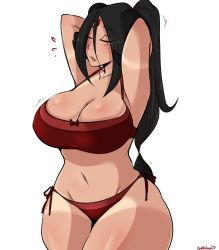 Rule 34 | 1girl, armpits, arms behind head, arms up, artist name, bikini, black hair, breasts, chikkibug, curvy, closed eyes, female focus, groin, highres, large breasts, long hair, navel, opaque (chikkibug), open mouth, original, parted lips, ponytail, red bikini, side-tie bikini bottom, simple background, solo, swimsuit, tan, tanline, thick thighs, thighs, white background, wide hips