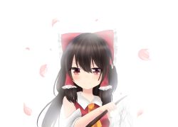 Rule 34 | &gt;:), 1girl, ascot, black hair, blouse, blush, bow, collared shirt, detached sleeves, glowing, gohei, hair bow, hair tubes, hakurei reimu, large bow, long hair, looking at viewer, petals, red eyes, reimu mikoro, shirt, smile, solo, touhou, v-shaped eyebrows, white background