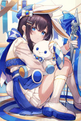 Rule 34 | 1girl, animal ears, ao no neko, ass, beret, black hair, blue bow, blue eyes, bow, closed mouth, commentary request, gloves, hair between eyes, hat, highres, holding, jacket, knees together feet apart, knees up, layered skirt, long hair, long sleeves, looking at viewer, original, pleated skirt, rabbit ears, rabbit tail, see-through, see-through sleeves, shoe soles, sitting, skirt, sleeveless, sleeveless jacket, socks, solo, striped bow, stuffed animal, stuffed rabbit, stuffed toy, tail, white bow, white footwear, white gloves, white hat, white jacket, white skirt, white socks