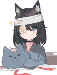 Rule 34 | 1girl, animal ear fluff, animal ears, bandage over one eye, bandaged head, bandages, bed, black hair, blue eyes, cat ears, cat girl, expressionless, highres, hospital bed, hospital gown, on bed, original, satou (3366 s), short hair, sketch, sleeves past fingers, sleeves past wrists, stuffed animal, stuffed cat, stuffed toy