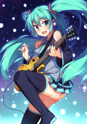 Rule 34 | 1girl, boots, detached sleeves, electric guitar, green eyes, green hair, guitar, hatsune miku, headset, instrument, long hair, matching hair/eyes, nail polish, necktie, open mouth, plectrum, racer (magnet), skirt, solo, thigh boots, thighhighs, twintails, very long hair, vocaloid