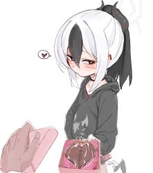 Rule 34 | 1girl, black choker, black hair, black hoodie, blue archive, blush, box, box of chocolates, choker, closed mouth, commentary, condom, condom wrapper, demon girl, demon horns, demon wings, english commentary, gift, grey halo, halo, heart, highres, holding, holding gift, hood, hood down, hoodie, horns, kayoko (blue archive), looking at viewer, medium hair, molded chocolate, multicolored hair, ponytail, pov, pov hands, red eyes, sexually suggestive, simple background, solo focus, speech bubble, spoken heart, suitshark, two-tone hair, valentine, white background, white hair, wings