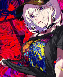 Rule 34 | 1girl, :p, bandaid, bandaid on arm, bandaid on cheek, bandaid on face, baseball cap, black choker, black shirt, cameo, character request, choker, colorful, earrings, eyes visible through hair, fate/grand order, fate (series), green eyes, hat, jewelry, looking at viewer, mole, mole under mouth, mordred (fate), mordred (fate) (all), mordred (swimsuit rider) (fate), multicolored eyes, multicolored shirt, original, pokimari, purple eyes, scathach (fate), shirt, short hair, simple background, solo, tongue, tongue out, white hair