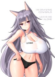 Rule 34 | 1girl, absurdres, animal ears, bare arms, bare shoulders, blunt bangs, breasts, cleavage, collarbone, covered erect nipples, cowboy shot, english text, grey hair, highres, holding, huge breasts, kaedeno yuu, long hair, looking at viewer, midriff, navel, original, pen, pink eyes, simple background, solo, sports bra, tail, very long hair, white background