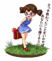 Rule 34 | 1girl, :d, bag, blue dress, blush, bright pupils, brown bag, brown eyes, brown footwear, brown hair, collared dress, commentary request, creatures (company), dress, game freak, glasses, grass, hapchi, holding, holding bag, knees, leaning, nintendo, open mouth, poke ball, poke ball (basic), pokemon, pokemon bw, school kid (pokemon), semi-rimless eyewear, shoes, short twintails, simple background, sleeveless, sleeveless dress, smile, solo, standing, translation request, twintails, white background, white pupils