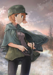 Rule 34 | 1girl, 25x35.5mmr, absurdres, ammunition, anti-materiel cartridge, bike shorts, black capelet, black shorts, break-action flare gun, break-action pistol, break action, brown eyes, brown hair, bullet, cannon cartridge, capelet, closed mouth, cloud, cloudy sky, commentary, emblem, english commentary, ennui orz, erma werke, flare cartridge, flare gun, girls und panzer, green hat, green jacket, grey shirt, grey sky, gun, handgun, handgun cartridge, hat, highres, holding, holding gun, holding weapon, hood, hooded capelet, jacket, large-caliber cartridge, leuchtpistole, light frown, looking at viewer, military hat, modular weapon system, mountain, nishizumi miho, ooarai (emblem), outdoors, pistol, pistol cartridge, shirt, short hair, shorts, sky, solo, standing, transforming weapon, tree, twilight, walther, weapon