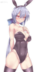 Rule 34 | 1girl, animal ears, breasts, covered erect nipples, artistic error, fake animal ears, leotard, long hair, medium breasts, playboy bunny, ponytail, rabbit ears, red eyes, silver bell (artist), silver hair, simple background, solo, standing, thighhighs, vocaloid, yowane haku