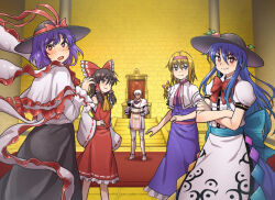 1boy 4girls alice_margatroid armor black_hat black_skirt blue_hair blush bow brown_hair buront capelet chiaki_rakutarou crossed_arms detached_sleeves dress final_fantasy final_fantasy_xi frilled_bow frilled_hair_tubes frills gauntlets hair_bow hair_tubes hairband hakurei_reimu hat hinanawi_tenshi multiple_girls nagae_iku open_mouth pink_hairband pointy_ears purple_dress purple_hair red_bow red_eyes red_shirt red_skirt shanghai_doll shirt short_hair skirt smile the_iron_of_yin_and_yang throne throne_room touhou v white_capelet white_hair white_shirt wide_sleeves