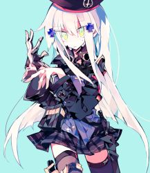 Rule 34 | 1girl, black jacket, blue background, commentary request, cowboy shot, eyes visible through hair, girls&#039; frontline, gloves, hair between eyes, hair ornament, hat, hk416 (girls&#039; frontline), jacket, long hair, looking at viewer, meto (metrin), plaid, plaid skirt, pleated skirt, pouch, purple thighhighs, putting on gloves, simple background, skirt, solo, thighhighs, very long hair, white gloves, white hair