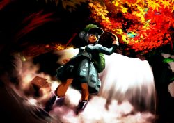 Rule 34 | 1girl, autumn, autumn leaves, backpack, bad id, bad pixiv id, bag, between breasts, blue eyes, blue hair, boots, breasts, feconf, forest, grass, green hat, hair bobbles, hair ornament, hat, kawashiro nitori, key, leaf, long sleeves, maple leaf, maple tree, matching hair/eyes, nature, partially submerged, pocket, rock, rubber boots, scenery, shirt, short hair, skirt, skirt set, small breasts, solo, standing, touhou, tree, twintails, two side up, wading, water, waterfall