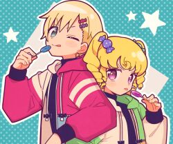 Rule 34 | 1boy, 1girl, 5.5, back-to-back, blonde hair, blue background, blue eyes, brother and sister, candy, candy hair ornament, commentary, drawstring, food, food-themed hair ornament, hair ornament, hand up, holding, holding candy, holding food, holding lollipop, hood, hooded jacket, idol time pripara, jacket, lollipop, long hair, long sleeves, looking at viewer, one eye closed, open clothes, open jacket, open mouth, outline, polka dot, polka dot background, pretty series, pripara, purple eyes, ringlets, short hair, siblings, smile, symbol-only commentary, tongue, tongue out, two side up, upper body, v-shaped eyebrows, white outline, yumekawa shogo, yumekawa yui