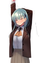 Rule 34 | 10s, 1girl, aqua hair, arm behind head, arm up, ascot, bad id, bad pixiv id, blazer, blush, breasts, buttons, closed eyes, cowboy shot, furo (harirate), hair ornament, hairclip, hand on own arm, jacket, kantai collection, large breasts, long hair, long sleeves, open clothes, open jacket, pleated skirt, school uniform, simple background, skirt, solo, stretching, suzuya (kancolle), white background