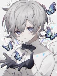 Rule 34 | 1boy, black gloves, blue eyes, bow, bowtie, bug, butterfly, closed mouth, commentary request, gloves, highres, insect, long sleeves, looking at viewer, male focus, namiki itsuki, original, short hair, simple background, solo, white background