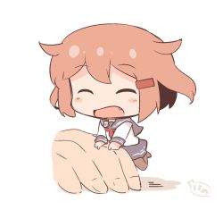 Rule 34 | 10s, 1girl, black pantyhose, blush stickers, brown hair, chibi, closed eyes, commentary request, fang, hair ornament, hairclip, hanomido, ikazuchi (kancolle), kantai collection, long sleeves, mini person, minigirl, open mouth, pantyhose, school uniform, serafuku, short hair, simple background, solo focus, white background