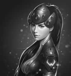 Rule 34 | 1girl, armor, bodysuit, breasts, center opening, cleavage, closed mouth, collarbone, from side, greyscale, head-mounted display, highres, lips, lipstick, long hair, looking at viewer, makeup, medium breasts, monochrome, nose, overwatch, overwatch 1, pauldrons, ponytail, realistic, shoulder armor, shoulder pads, solo, turtleneck, upper body, visor, widowmaker (overwatch)
