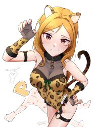 Rule 34 | 1girl, animal ears, animal print, armband, bare shoulders, breasts, cleavage, closed mouth, covered collarbone, cowboy shot, fingerless gloves, from above, fur collar, garter straps, giving up the ghost, gloves, hair intakes, highres, idolmaster, idolmaster million live!, idolmaster million live! theater days, kemonomimi mode, leopard ears, leopard print, leopard tail, leotard, light blush, lipstick mark, long hair, looking at viewer, lying, medium breasts, momose rio, o-ring, orange hair, p-head producer, parted bangs, paw pose, producer (idolmaster), red eyes, see-through, see-through cleavage, simple background, smile, smirk, tail, unconscious, victory, victory pose, white background, yawaraka mellow