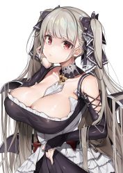 Rule 34 | 1girl, absurdres, azur lane, bad id, bad pixiv id, bare shoulders, between breasts, black dress, blush, breasts, cleavage, dress, earrings, flight deck, formidable (azur lane), frilled dress, frills, grey hair, hair ribbon, hand on own cheek, hand on own face, highres, jewelry, large breasts, long hair, long sleeves, looking at viewer, parted lips, red eyes, ribbon, rigging, simple background, skirt hold, solo, twintails, two-tone dress, two-tone ribbon, very long hair, white background, yayoichi (yoruyoru108)