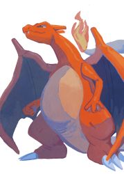 Rule 34 | charizard, claws, closed mouth, commentary, creatures (company), fangs, fangs out, fire, fire, game freak, gen 1 pokemon, highres, mo~zu, nintendo, no humans, pokemon, pokemon (creature), simple background, solo, standing, symbol-only commentary, white background