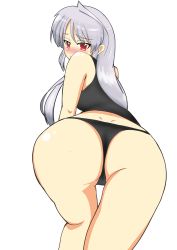 Rule 34 | 1girl, absurdres, ass, black panties, blush, highres, looking at viewer, looking back, lyrical nanoha, mahou shoujo lyrical nanoha a&#039;s, panties, red eyes, reinforce, simple background, solo, thong, underwear, white background, white hair