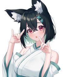 Rule 34 | 1girl, :o, absurdres, animal ear fluff, animal ears, bare shoulders, black hair, breasts, commentary request, detached sleeves, double fox shadow puppet, fox shadow puppet, green hair, hair between eyes, hair ornament, hands up, highres, japanese clothes, kimono, long sleeves, medium breasts, multicolored hair, open mouth, original, red eyes, sakura chiyo (konachi000), simple background, sleeveless, sleeveless kimono, solo, two-tone hair, upper body, white background, white kimono, white sleeves, wide sleeves, x hair ornament